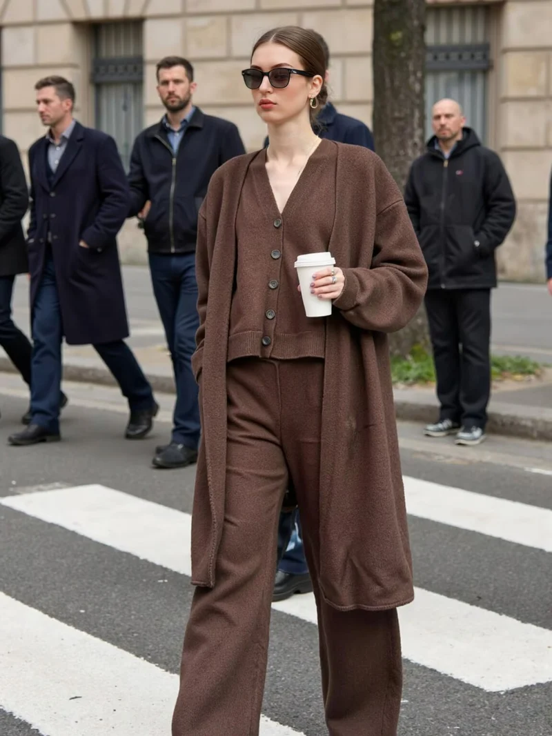 Damen Oversize Strick-Set mit Longcardigan, Knopf-Weste und weiten Hosen Drune