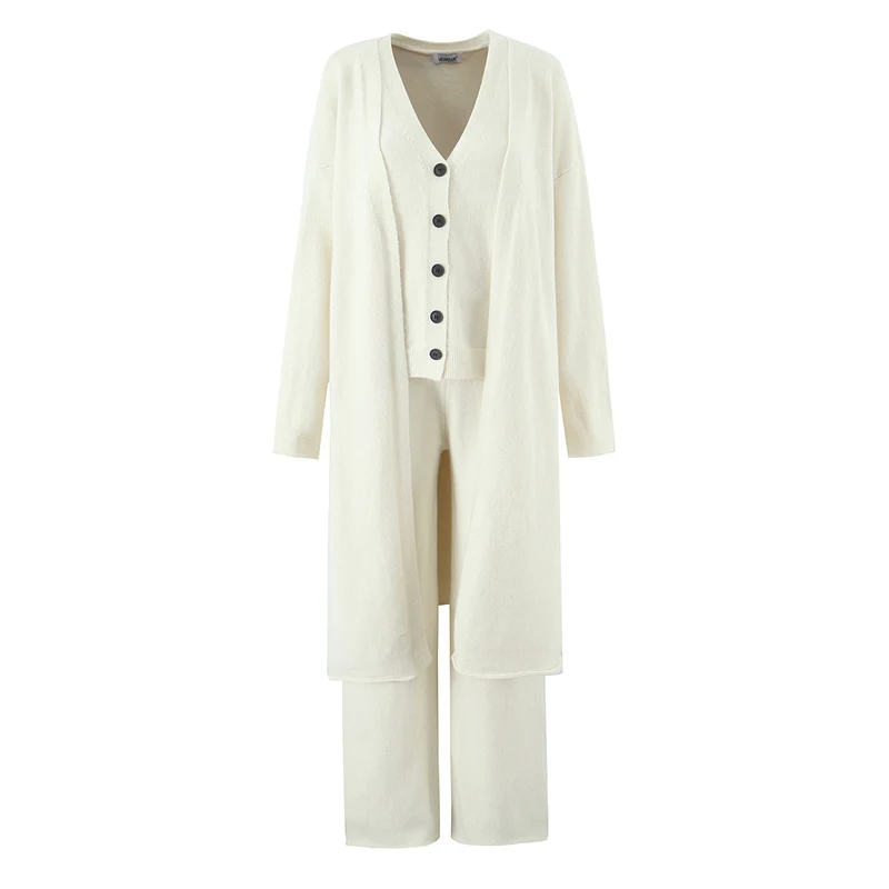 Damen Oversize Strick-Set mit Longcardigan, Knopf-Weste und weiten Hosen Drune
