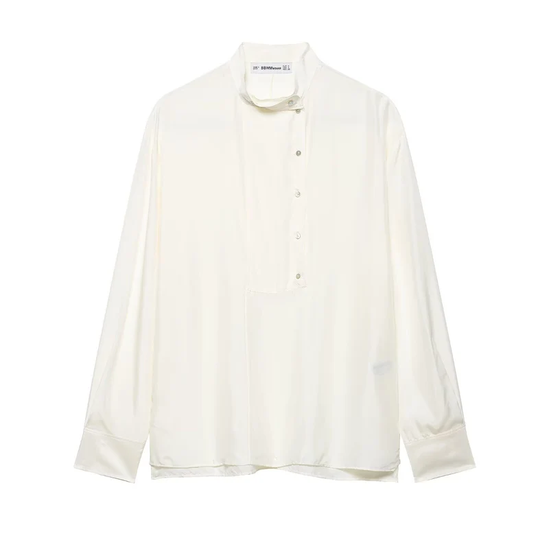 Damen Oversize-Seidenbluse mit Stehkragen und verdeckter Knopfleiste Drune
