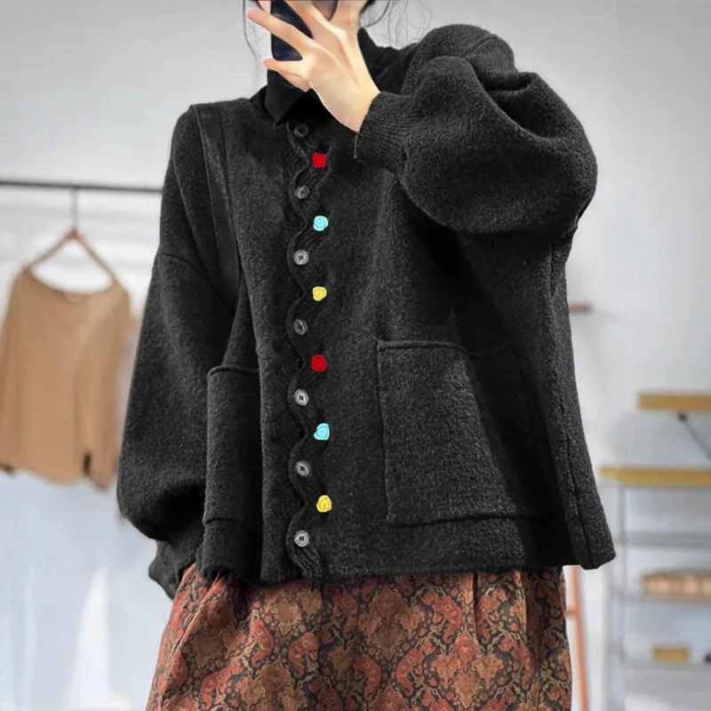 Damen Modischer Strickcardigan mit bunten Knöpfen Drune