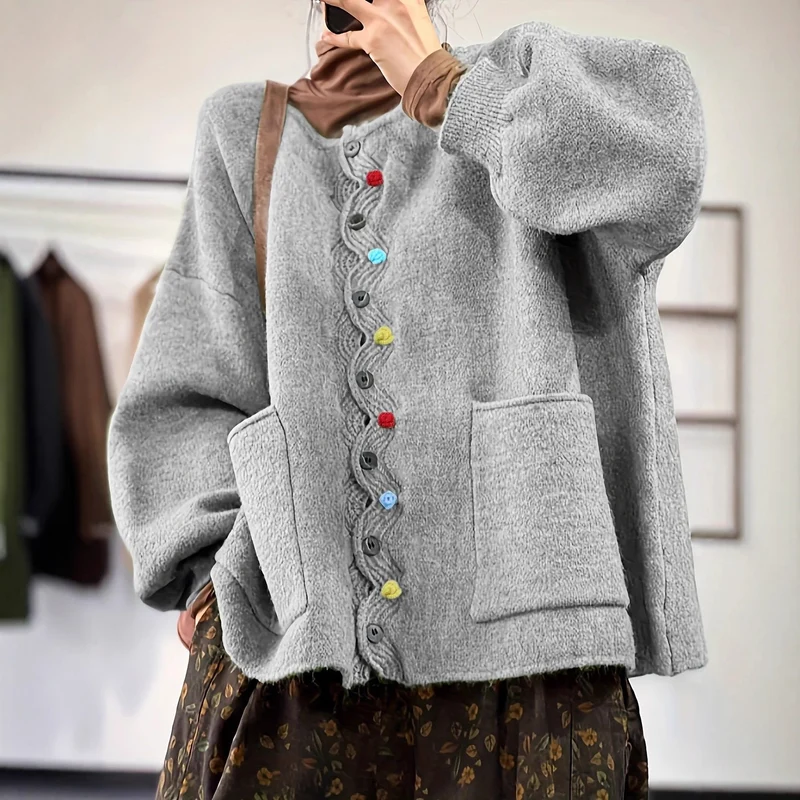 Damen Modischer Strickcardigan mit bunten Knöpfen Drune