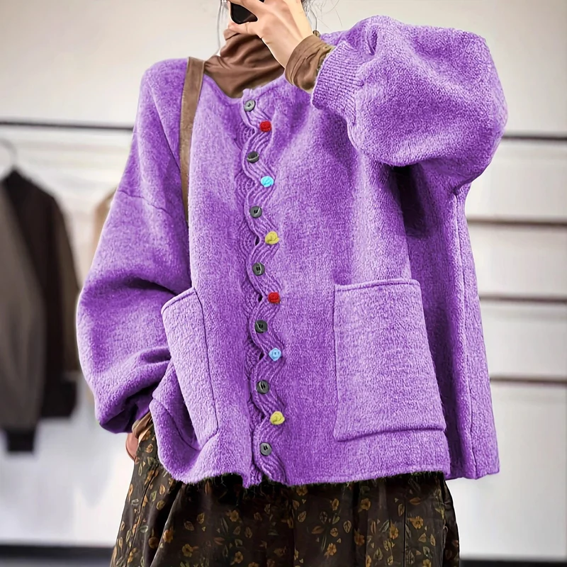 Damen Modischer Strickcardigan mit bunten Knöpfen Drune