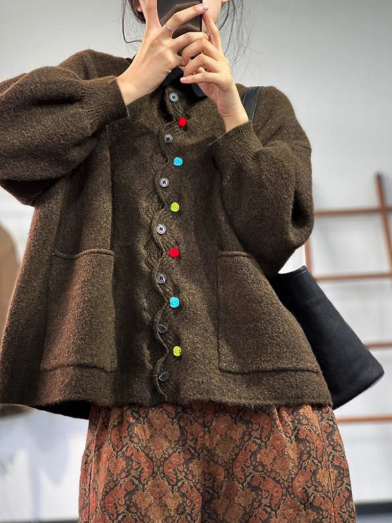 Damen Modischer Strickcardigan mit bunten Knöpfen Drune