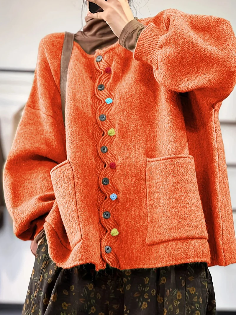 Damen Modischer Strickcardigan mit bunten Knöpfen Drune