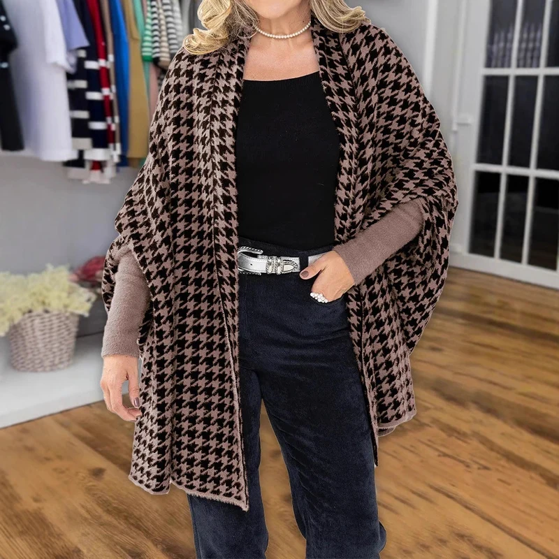 Damen modischer Poncho mit Hahnentrittmuster Drune