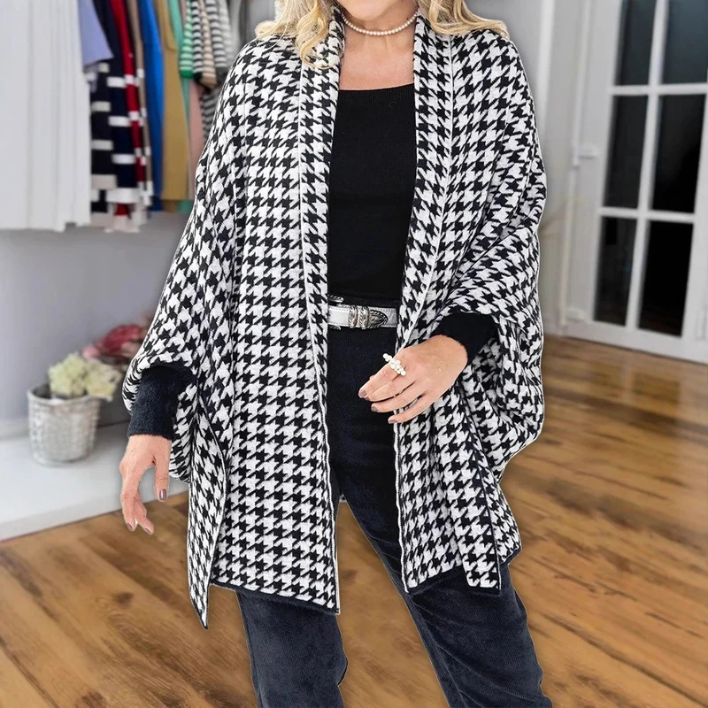 Damen modischer Poncho mit Hahnentrittmuster Drune