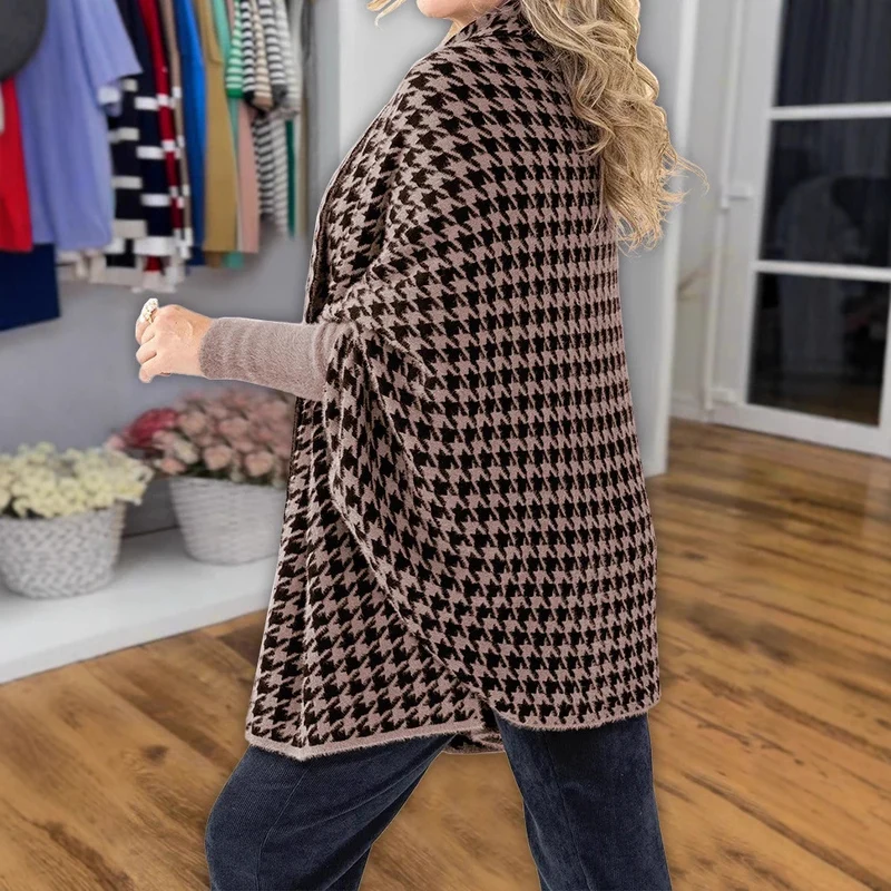 Damen modischer Poncho mit Hahnentrittmuster Drune