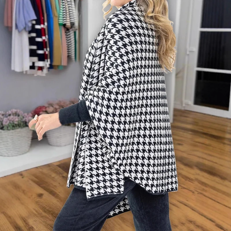 Damen modischer Poncho mit Hahnentrittmuster Drune