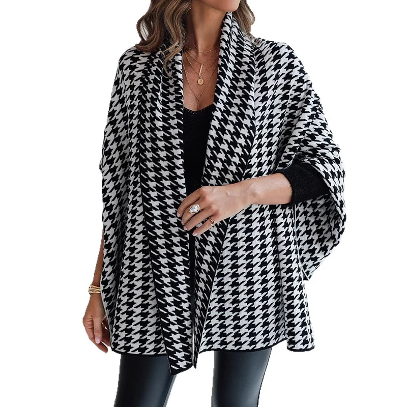 Damen modischer Poncho mit Hahnentrittmuster Drune