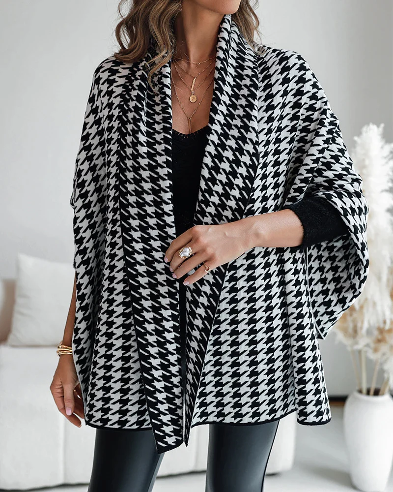Damen modischer Poncho mit Hahnentrittmuster Drune