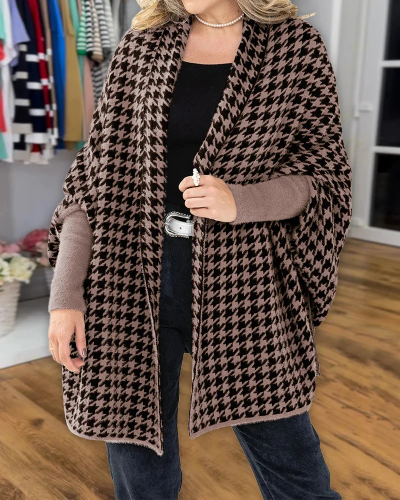 Damen modischer Poncho mit Hahnentrittmuster Drune