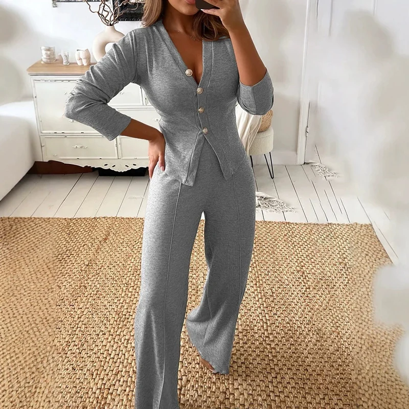 Damen Modischer Einteiler mit Knopfdetails und weitem Bein Drune