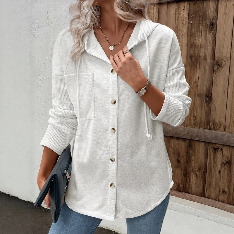 Damen Modische Strickjacke mit Kapuze und Knopfleiste Drune