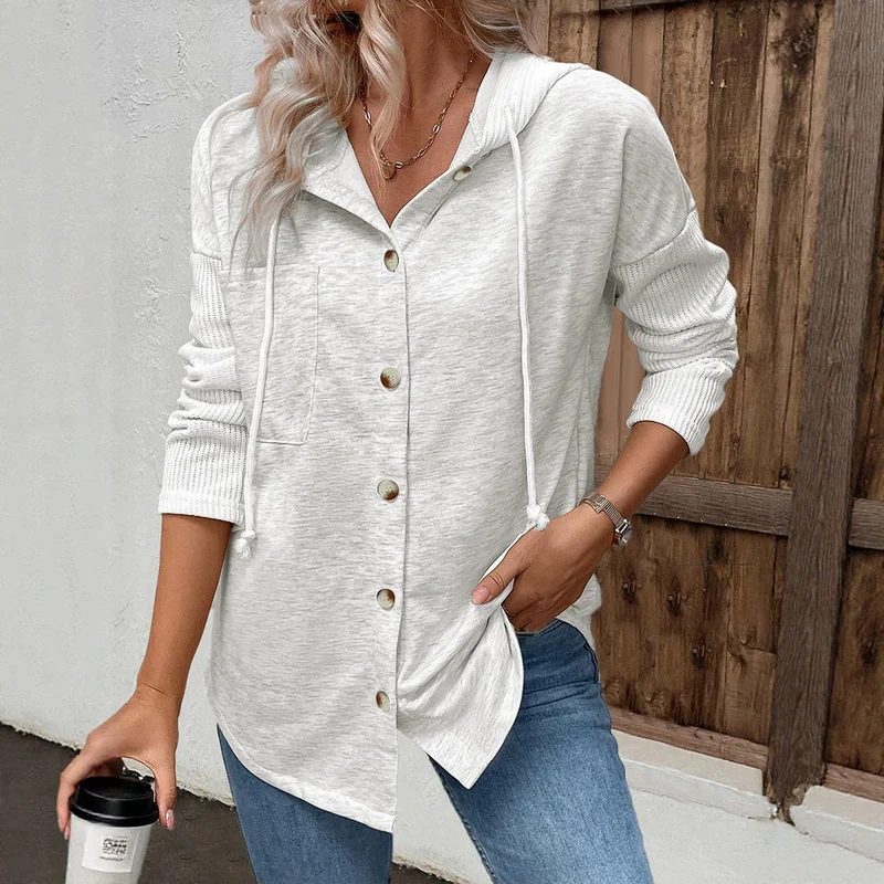 Damen Modische Strickjacke mit Kapuze und Knopfleiste Drune