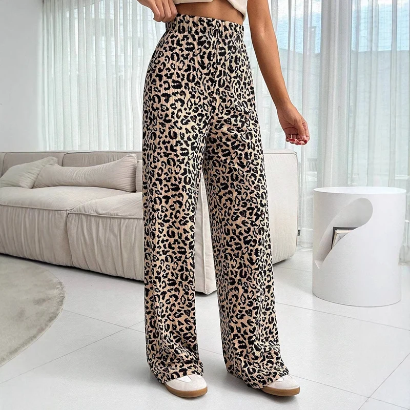 Damen Modische Leoprint Palazzohose Drune