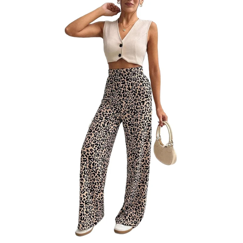 Damen Modische Leoprint Palazzohose Drune