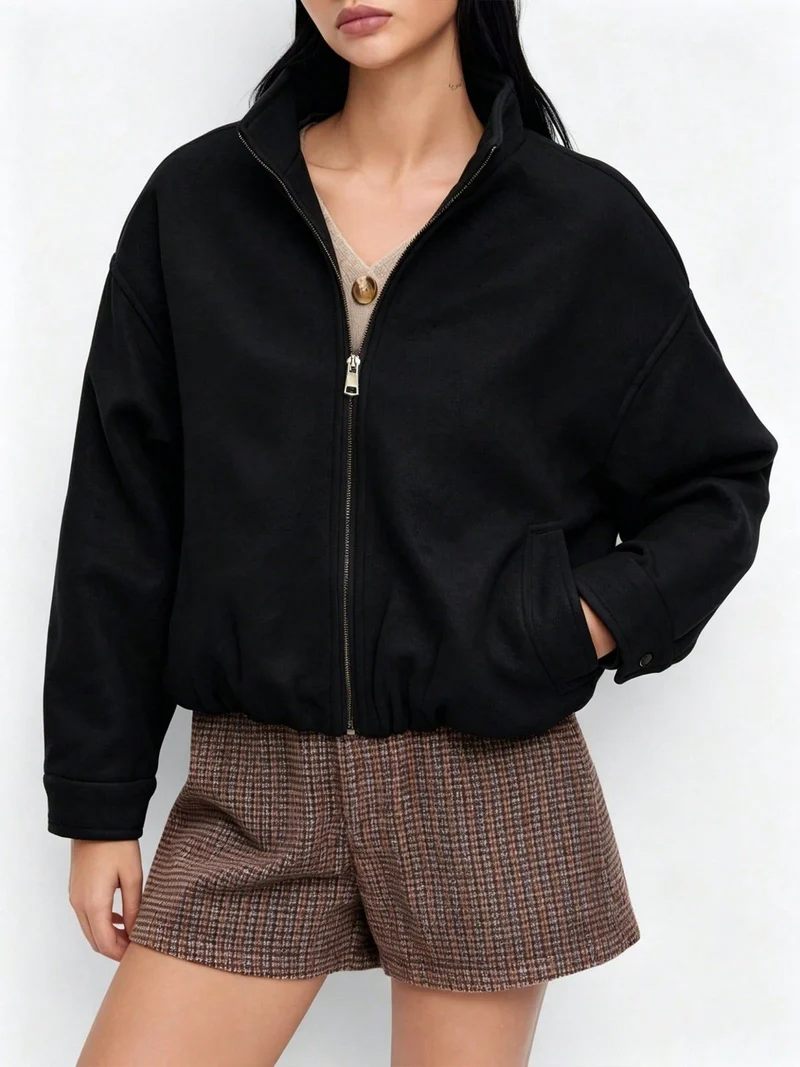 Damen Modische Fleecejacke mit Stehkragen Drune