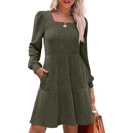 Damen Lässiges und elegantes Rippkleid mit langen Ärmeln Drune
