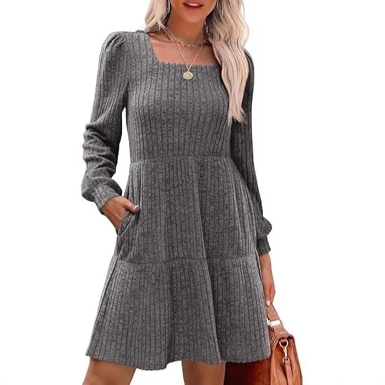 Damen Lässiges und elegantes Rippkleid mit langen Ärmeln Drune