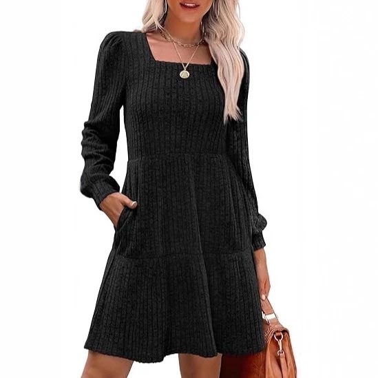Damen Lässiges und elegantes Rippkleid mit langen Ärmeln Drune