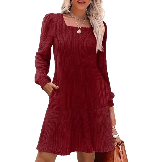 Damen Lässiges und elegantes Rippkleid mit langen Ärmeln Drune