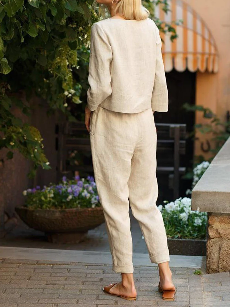 Damen Lässiges Set aus langärmligen Oberteil und elastischen Hosen Drune