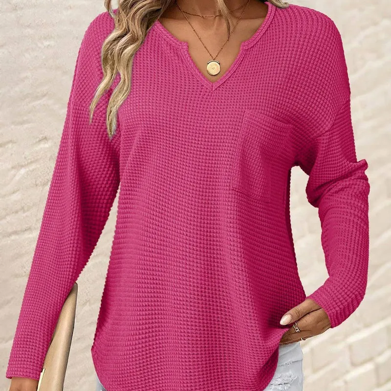Damen Lässiger V-Ausschnitt Pullover mit Taschen Drune