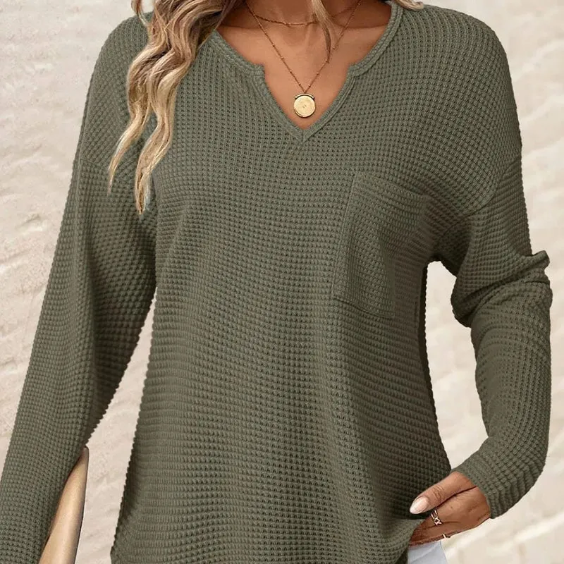 Damen Lässiger V-Ausschnitt Pullover mit Taschen Drune
