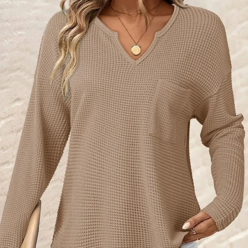Damen Lässiger V-Ausschnitt Pullover mit Taschen Drune