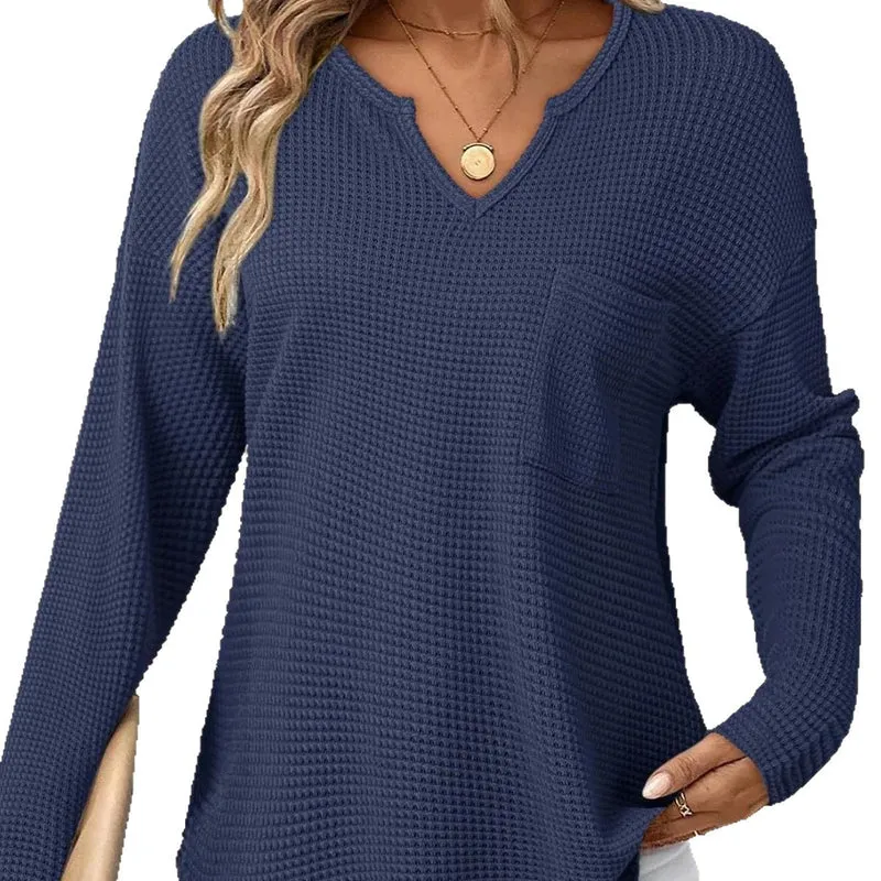 Damen Lässiger V-Ausschnitt Pullover mit Taschen Drune