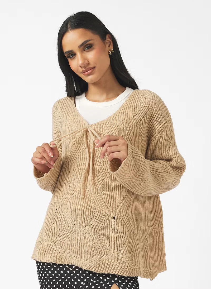 Damen Lässiger Strickpulli mit Bindeband Drune