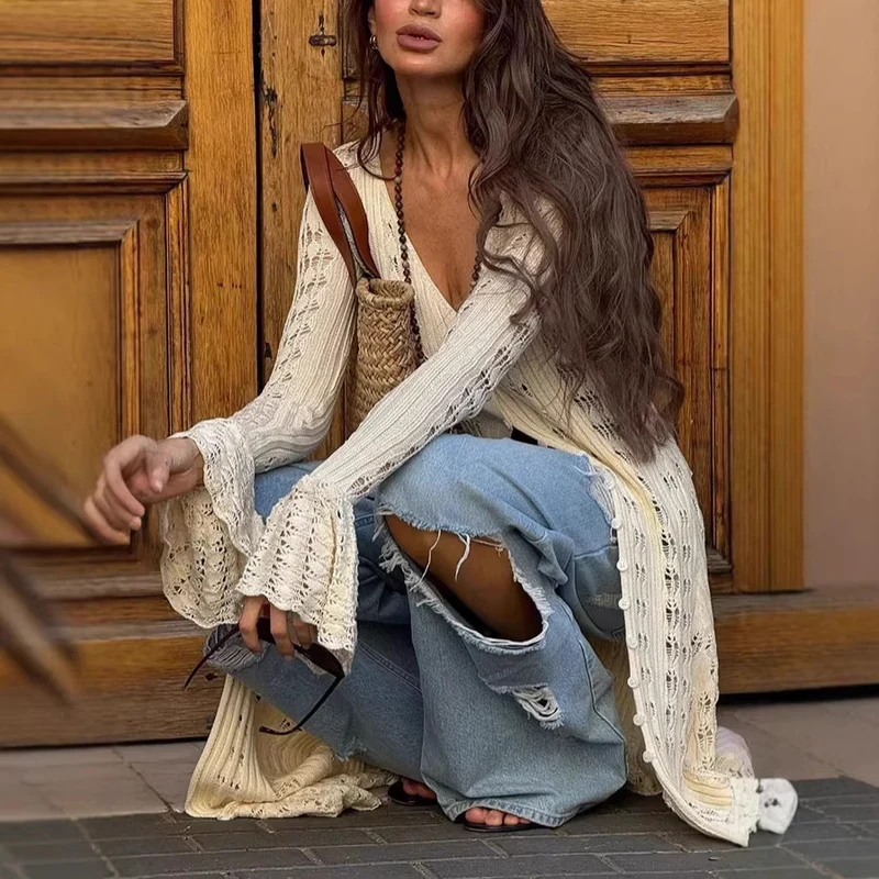 Damen Langes Strickoberteil mit Rüschendetails Drune