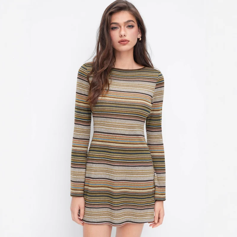 Damen Langarm Minikleid mit Streifen Drune