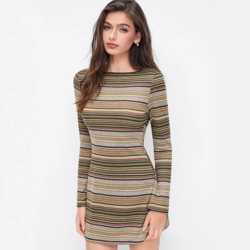 Damen Langarm Minikleid mit Streifen Drune