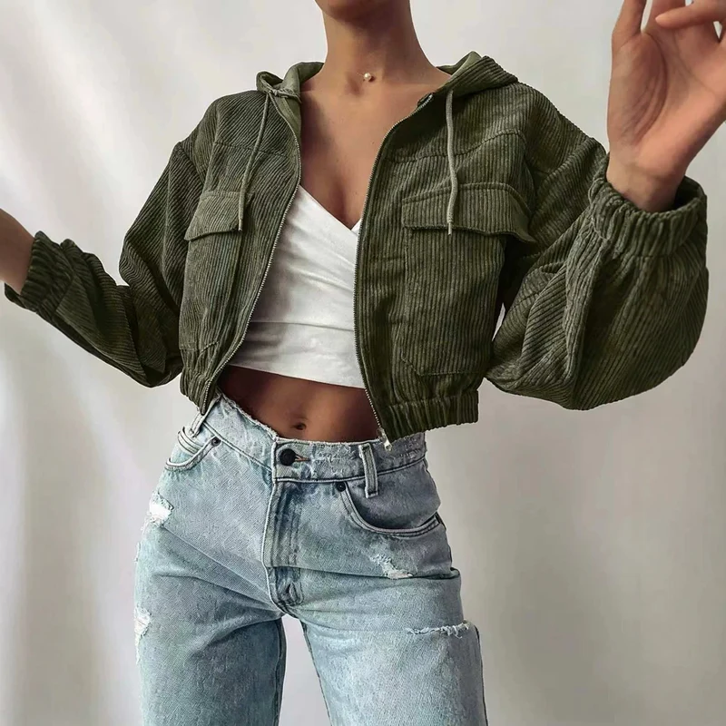 Damen Kurze Cordjacke mit Kapuze Drune