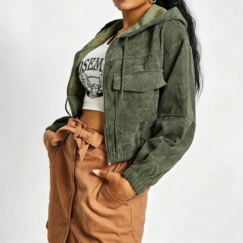Damen Kurze Cordjacke mit Kapuze Drune