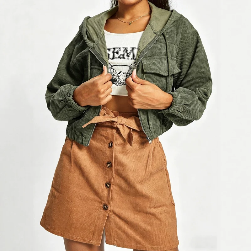Damen Kurze Cordjacke mit Kapuze Drune