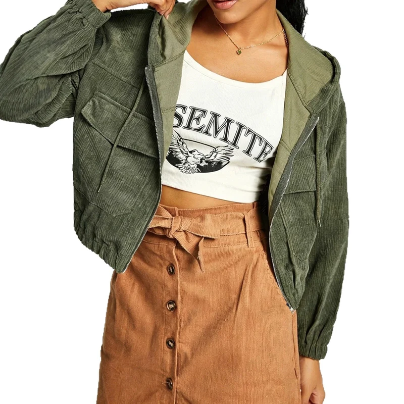 Damen Kurze Cordjacke mit Kapuze Drune