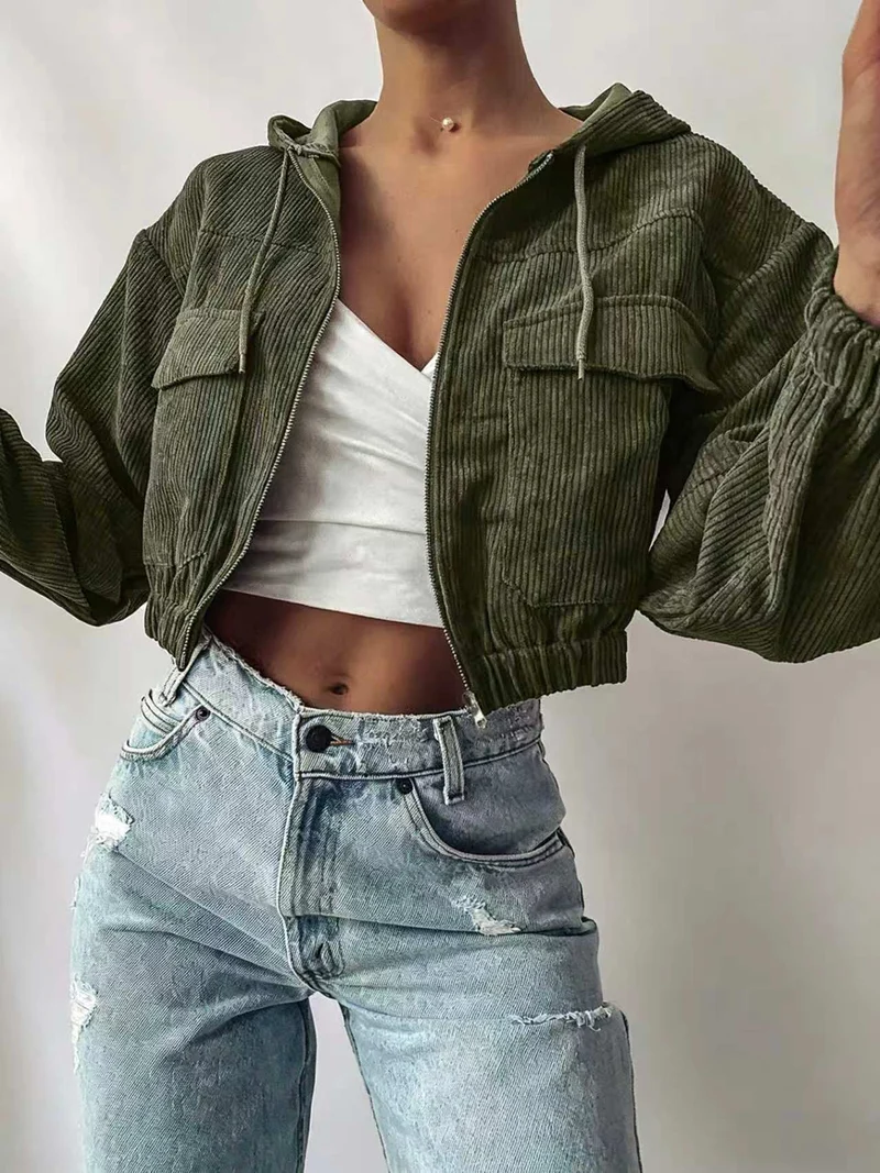 Damen Kurze Cordjacke mit Kapuze Drune