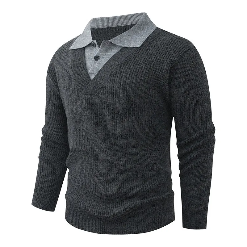 Herren Feinstrickpullover mit eingearbeitetem Polokragen und tiefem V-Ausschnitt Drune