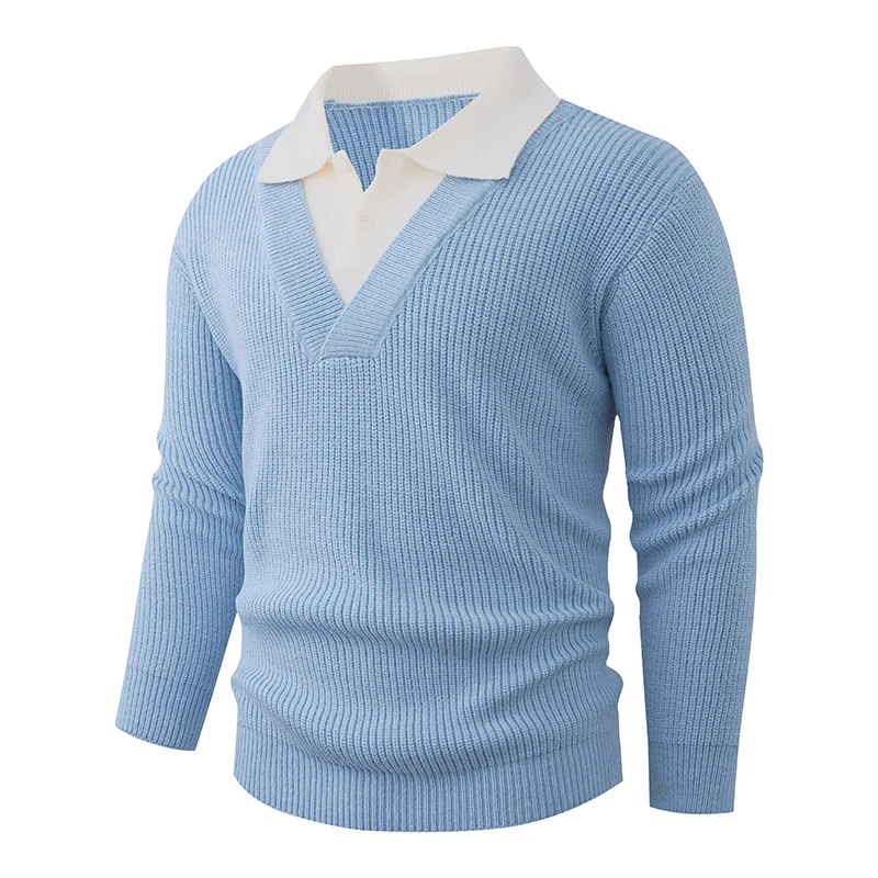 Herren Feinstrickpullover mit eingearbeitetem Polokragen und tiefem V-Ausschnitt Drune