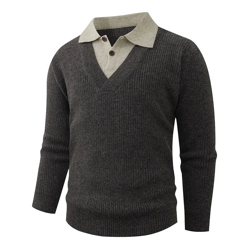 Herren Feinstrickpullover mit eingearbeitetem Polokragen und tiefem V-Ausschnitt Drune