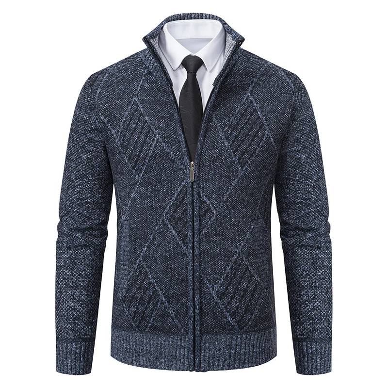 Herren Feinstrick-Zipjacke mit strukturierter Rautenoptik, Stehkragen und durchgehendem Reißverschluss Drune