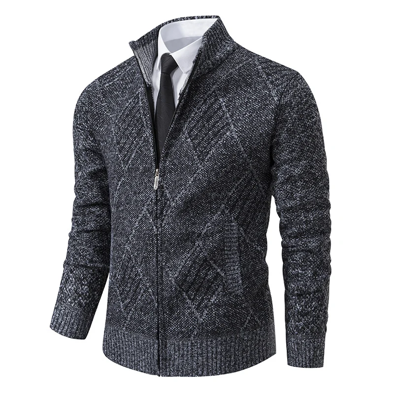 Herren Feinstrick-Zipjacke mit strukturierter Rautenoptik, Stehkragen und durchgehendem Reißverschluss Drune