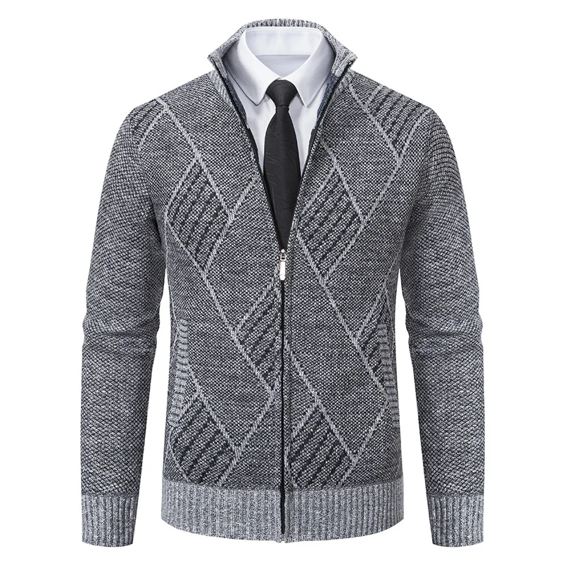 Herren Feinstrick-Zipjacke mit strukturierter Rautenoptik, Stehkragen und durchgehendem Reißverschluss Drune