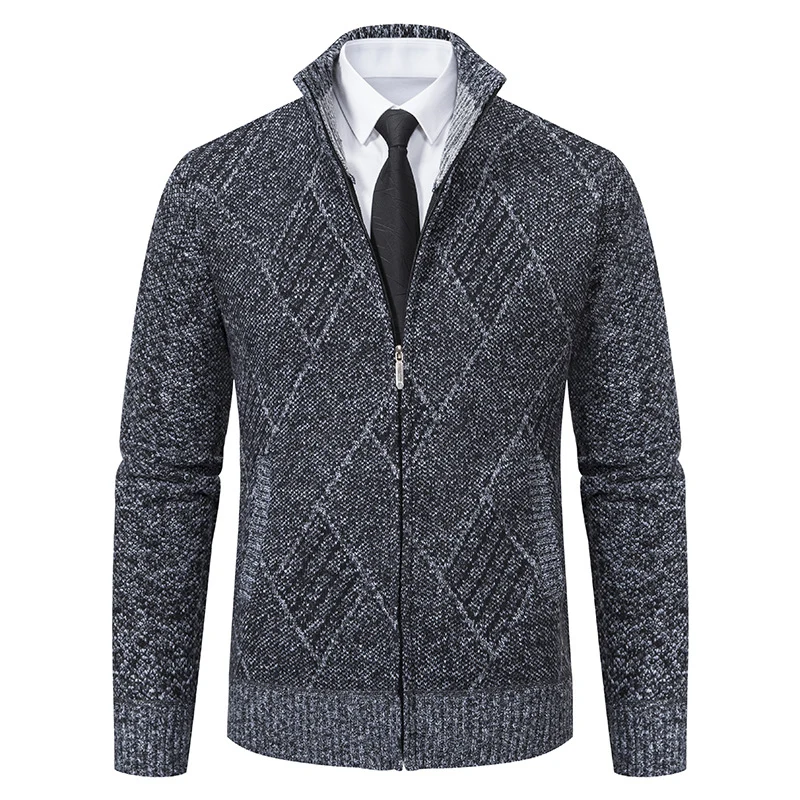 Herren Feinstrick-Zipjacke mit strukturierter Rautenoptik, Stehkragen und durchgehendem Reißverschluss Drune