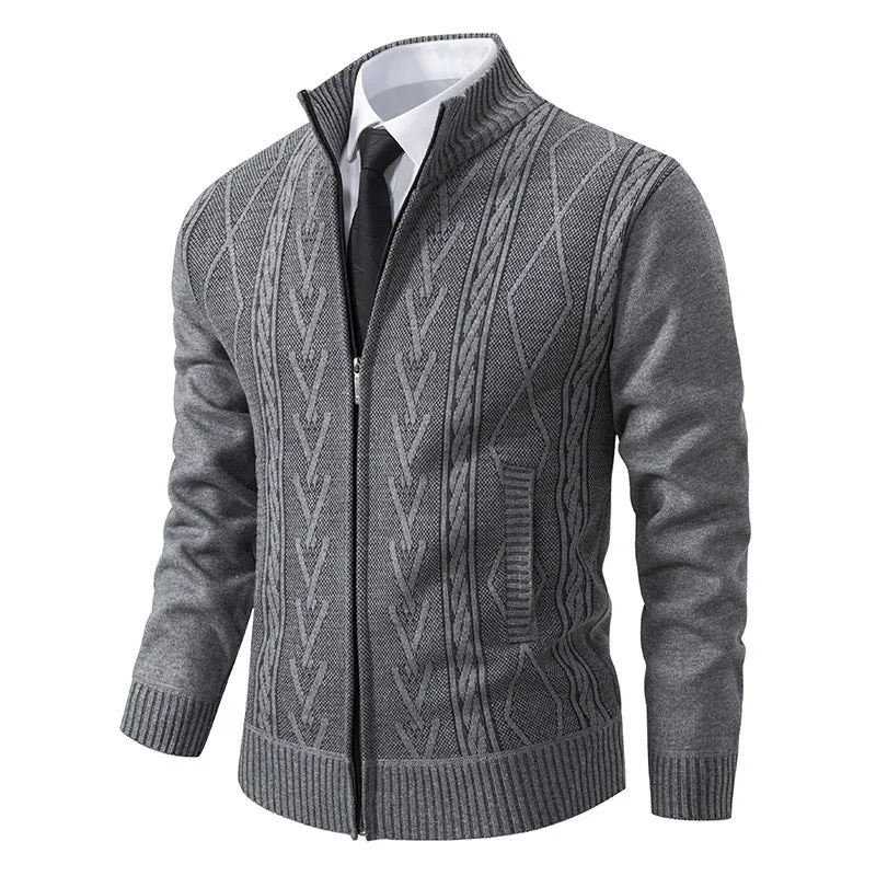 Herren Feinstrick-Zipjacke mit geometrischem Jacquardmuster, Stehkragen und Eingrifftaschen Drune