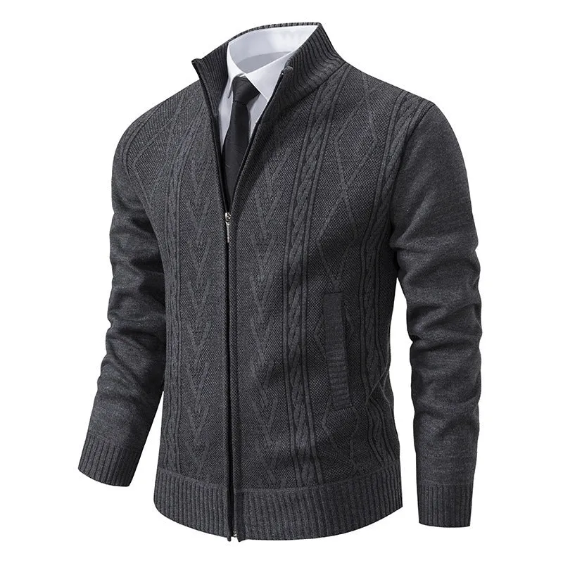 Herren Feinstrick-Zipjacke mit geometrischem Jacquardmuster, Stehkragen und Eingrifftaschen Drune