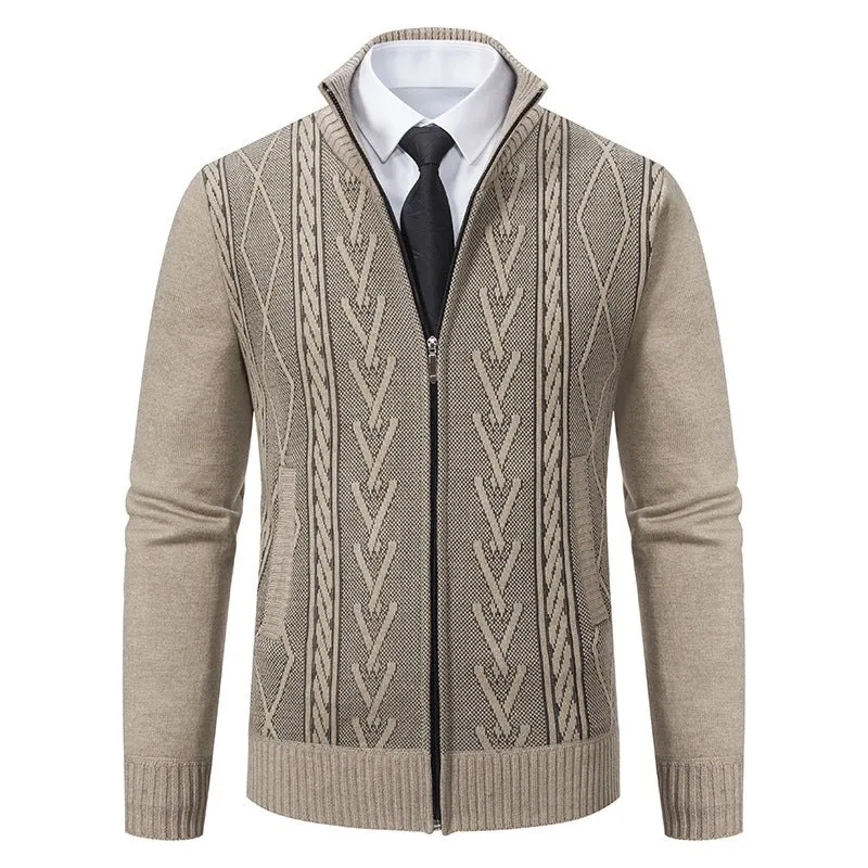 Herren Feinstrick-Zipjacke mit geometrischem Jacquardmuster, Stehkragen und Eingrifftaschen Drune
