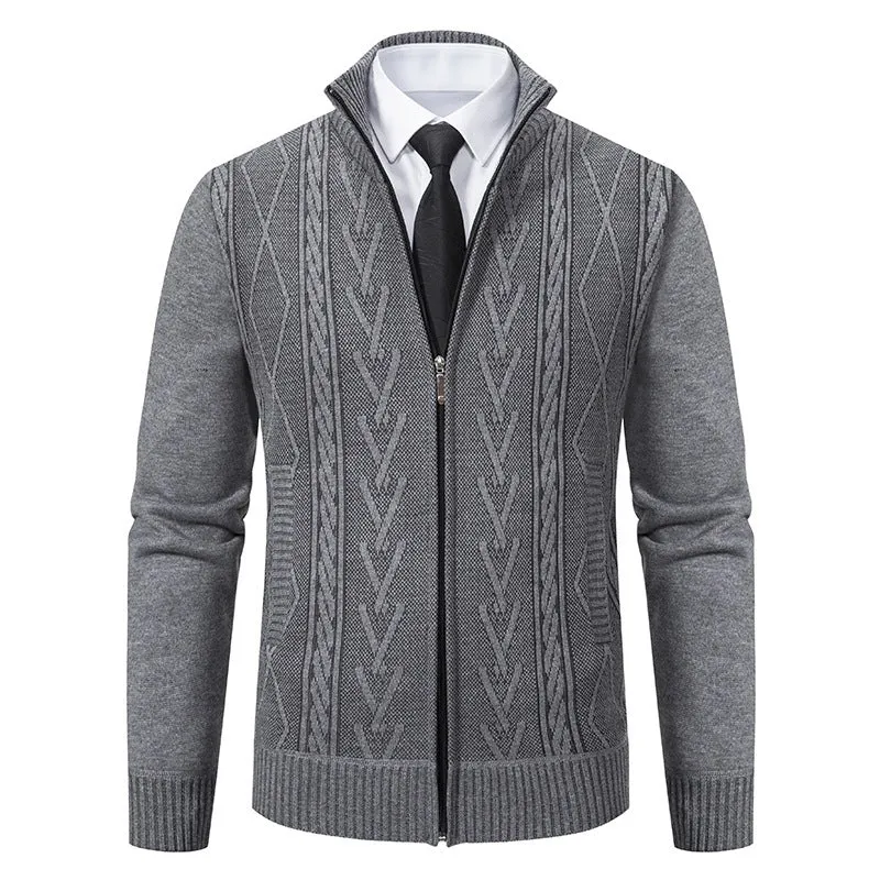 Herren Feinstrick-Zipjacke mit geometrischem Jacquardmuster, Stehkragen und Eingrifftaschen Drune